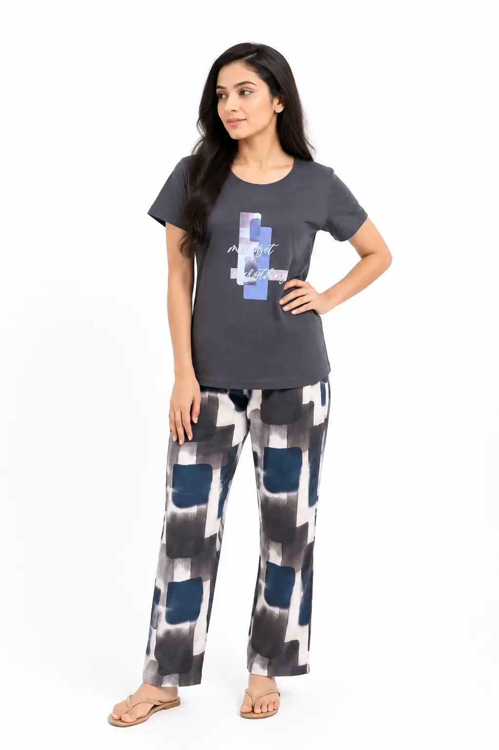 Charcoal Grey Hosiery Cotton Printed Night Suit Set