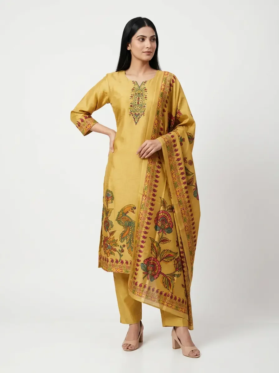 Mustard Yellow Embroidered Kurti 3pc Set
