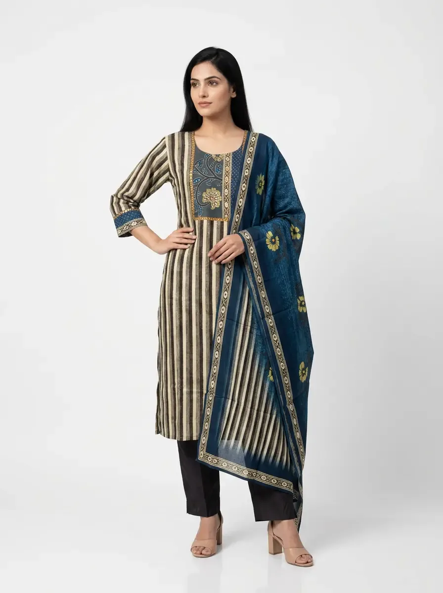 Navy Blue & Beige Striped Kurti 3pc Set