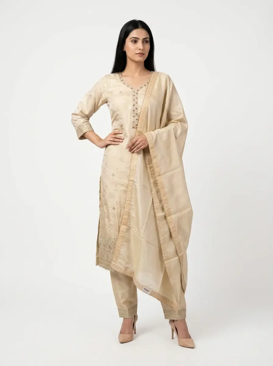 Beige Embroidered Kurti 3pc Set