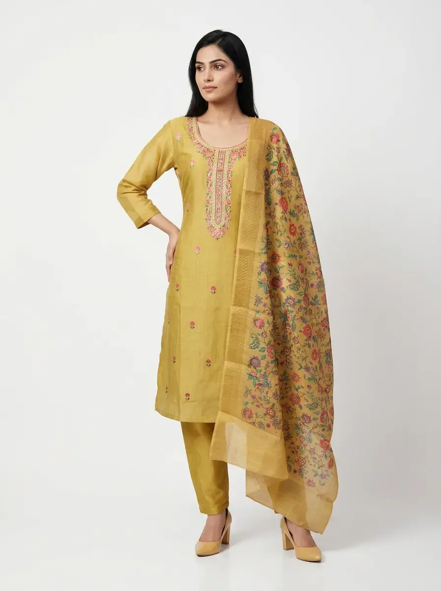 Mustard Yellow Embroidered Kurti 3pc Set
