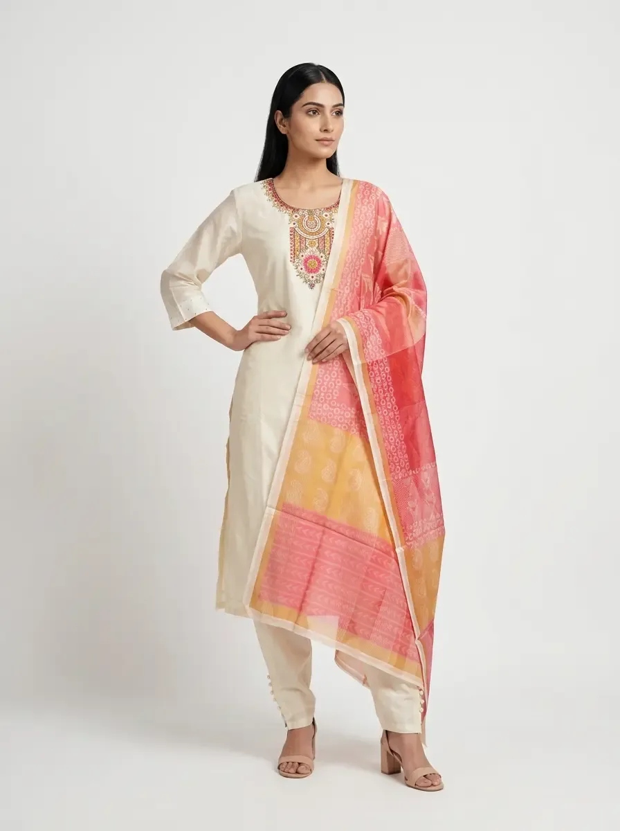 Off-White Embroidered Kurti 3pc Set