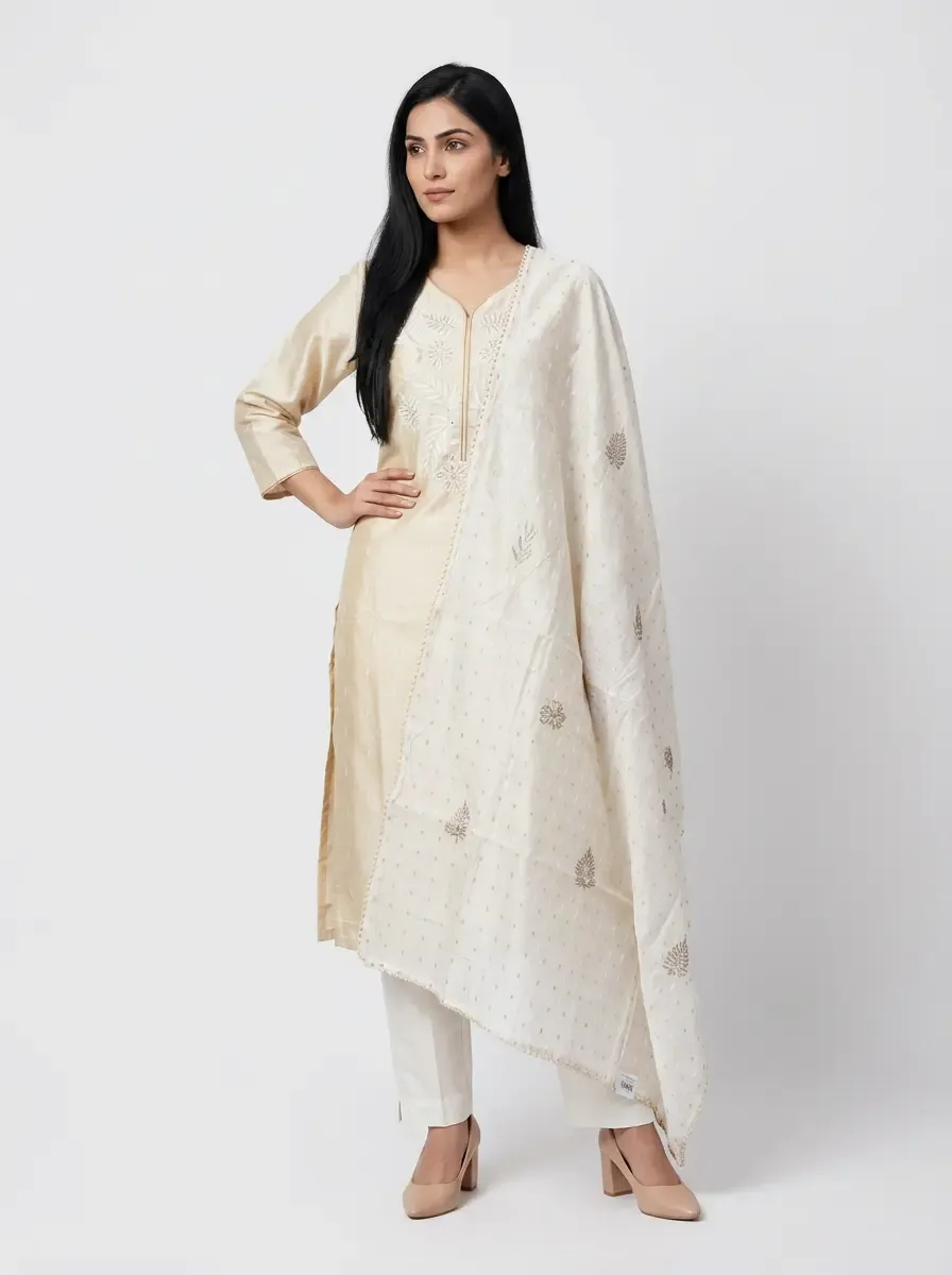 Off White Embroidered Kurti 3pc Set